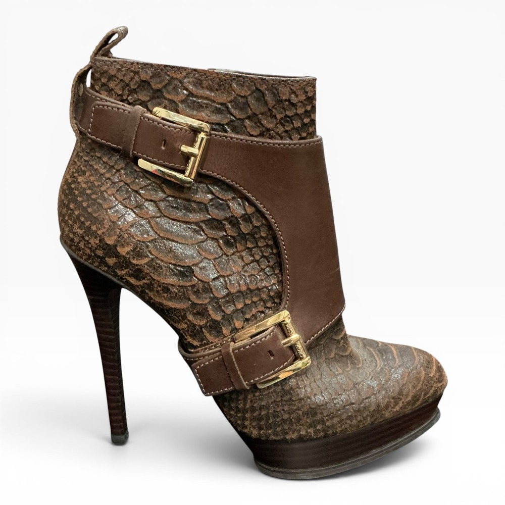 Michael Kors Brown Python Print Leather Harness Platform Ankle Boots Sz 6M